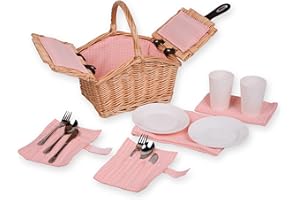 ‎UNUS UNUS® Picknickkorb für Kinder rechteckig aus Weide mit Stoffauskleidung, Komplettset für 2 Personen mit Besteck, Tellern und Bechern, tragbarer Weidenkorb für Picknick und Ausflüge