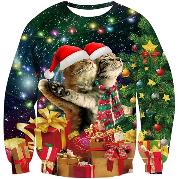 Jezonga Kersttrui voor dames, grappige winter-kersttrui, kat, lange mouwen, ronde hals, gebreide trui, losse Ugly Christmas sweater, blauw, XXL