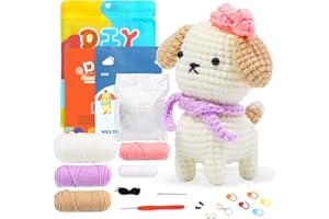 Ramlur Crochet Kits for Beginners Adults, Beginner Knitting Kit, Crochet Set for Beginners with White Puppy, Crochet Yarn, Storage Bag, Crochet Keychain, Step-by-Step Instructions Video (White)