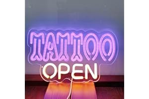 HFHUNGKEONG Panneau néon à LED Violet Tattoo Blanc Chaud Open avec interrupteur à intensité variable, bannière lumineuse pour salon de tatouage, studio, plaque de magasin, 30,5 x 17,8 cm