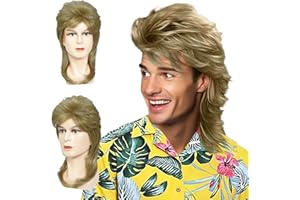 FOUNSHO Peluca Mullet Para Hombre, Hombre Peluca Rubio Claro Larga, Pelucas Carnaval Punk 70s 80s Mullet, Disfraces Carnaval Halloween Pelucas de Estrella de Rock Fiesta Accesorios (Rubio Claro)