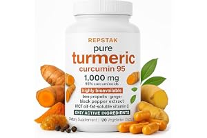 REPSTAK Gurkmeja Curcumin Kapslar, 1000 mg per Serving, 95% Curcuminoider, med Svartpepparextrakt, C-vitamin, Ingefära, Bipropolis & MCT-oljepulver, 120 Kapslar, 40 Serveringar