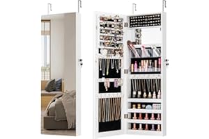 COSTWAY Jewellery Cabinet, Door Hanging/Wall Mounted Jewelry Armoire with Full Length Mirror, Inner Makeup Mirror and Large Storage, Bedroom Lockable Cosmetics Jewellery Organiser Unit (White)