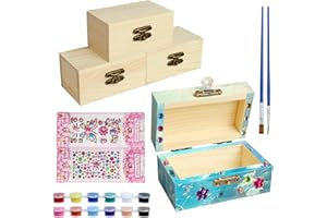 PRZRAO 4 Stück Mini Schatztruhe 12 x 7 x 5 cm Kleine Holzkiste mit Deckel Kleine Schatzkiste mit 2 Aufkleber und 12 Farben Malset Kleine Schatztruhe für Kinder Bastelset Piratenparty Geburtstags DIY