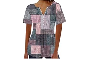 YOLOKE 2023 Summer Short Sleeve Tops for Women UK Trendy Casual Floral Graphic Shirts Tunic Blouses Plus Size Crew Neck Boho Henley Tees