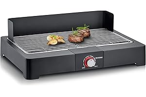Severin Barbacoa de mesa con parrilla de acero inoxidable para interior y exterior, parrilla eléctrica con arranque rápido, mini barbacoa sin riesgo de quemaduras, negro, PG 8565