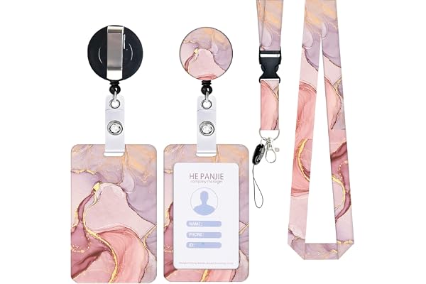 Zemolo Porte Badge de Carte d'Identification avec Cordon Tour de Cou, Porte-cartes Swivel Lobster Clasp avec Lanières Rétractables pour Cartes d'étudiant d'infirmière Clés Caméra Marbre Rose