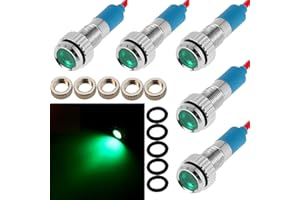 CESFONJER 5 pcs 8 mm 1/4" LED Metal Indicator Light 12V Waterproof Signal Lamp Pilot Dash Directional Car Truck Boat with Wire (Green color)
