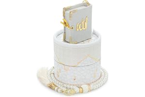 ihvan online Islamic Prayer Cylinder Gift Box with Elegant Velvet Covered Mini Quran & Prayer Beads Tesbih, Misbaha Tasbeeh Sibha 99 Mala Tasbih, Islamic Gift for Ramadan & Mawlid & Eid, White