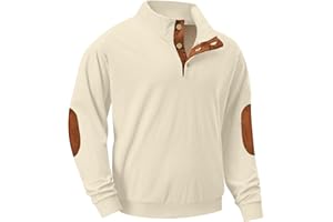 QIXING Mens Corduroy Fleece Lined Sweatshirt Quarter Button Stand Collar Jumper Warm Winter UK with Elbow Patch