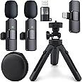 Wireless Microphones for iPhone iPad and Android USB C and Ligthening with Tripod and Leather Case, Clip on Lapel Lavalier Bluetooth Microphone for Video Recording, TikTok, Live Streaming - 2 Mics