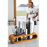 Transformacion Shaker G&uuml;m&uuml;ş Kokteyl Set - 10 Par&ccedil;a 750 Ml Shaker Coctail Set Bambu Standlı, 722202