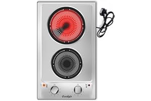 Cooksir Ceramic Hob 2 Zone, 220V Stainless Steel Electric Hob, Plug in Ceramic Hob with 2 Knob Control, Electric Ceramic Hob 30CM, Portable Countertop Electric Cooktop with Plug