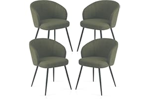 Weegstok Set of 4 Chunky Weave Fabric Upholstered Dining Chairs with Arms and Metal Legs for Dining Room, Kitchen, Living Room, Home Office (4, Green)