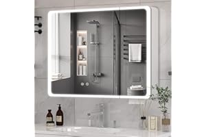 Buildonely Szafka łazienkowa z lustrem z oświetleniem, 80 x 70 cm, szafka łazienkowa z lustrem z funkcją zapobiegającą zaparowaniu, sterowanie ekranem dotykowym, stop aluminium, zmontowana