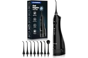 Jet Dentaire Hydropulseur Professionnel Irrigateur Oral Hangsun Portable de Voyage avec 8 Buses de Rechange, 3 Puissances Réglables, Réservoir 300ML, USB Chargé, Noir (modèle HOC760)