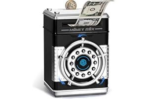 Thedttoy Simulated Fingerprint PIN Lock Money Box,Safe Piggy Bank for Kids,Auto-Spin Unlock Smart Cash Saving Box Birthday Present for 3-12 Years-Black