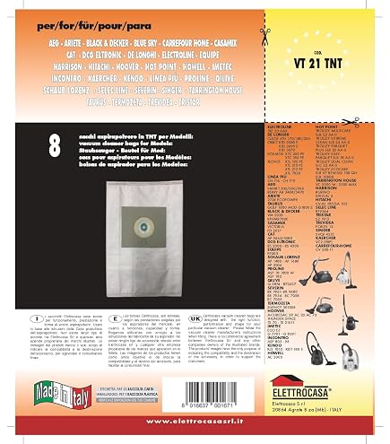 Elettrocasa VT18 Confezione Sacchetti per Aspirapolvere, 10 Pz (T8x