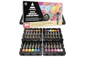 ARTEZA Peinture Acrylique métallisé, 36 Couleurs (tubes de 22 ml) Boîte de rangement, Pigments riches, Peintures non décolorantes non toxiques pour artistes enfants, peindre sur toile