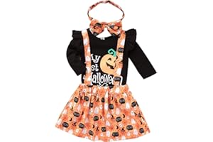 BORLAI Bébé Fille Mon 1er Halloween Citrouille jarretelle Jupe Tenues Barboteuse Bandeau Ensemble de vêtements