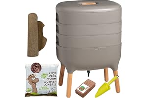 Moutta | Urbalive 3 vassoi Grigio, Kit Completo I Vermicompostaggio Design I 500g di Vermi Lombrichi / 1000 pz. I Substrato Iniziale I Stuoia di Canapa + Pala I Interno, Balcone e Giardino
