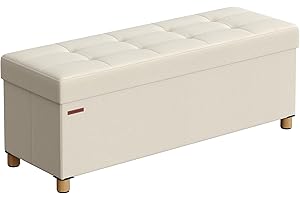SONGMICS Cassapanca, Pouf Contenitore, Poggiapiedi Pieghevole 38 x 110 x 40 cm, Ottomano con Gambe in Legno, Regge fino a 300 kg, per Soggiorno, Camera da Letto, Dormitorio, Bianco Crema LSF018W11