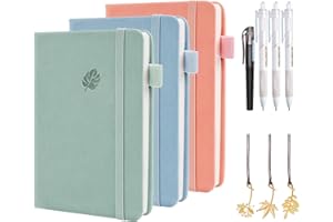 TUFA Lot de 3 Bloc-Notes A6,Carnet de Notes 14,5 x 9,7cm,Relié Cartonné de 200 Pages,100 Feuilles,A6 Cahier de Note pour Notes,Études,Voyages et Journal Intime,avec Porte-Stylo(Rose+bleu+vert)