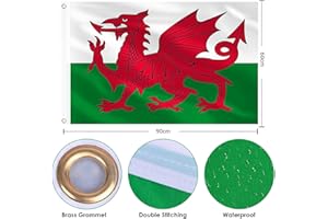 SHATCHI Large 3 x 2Ft Wales Flag Welsh Dragon Cymru National Polyester Fabric Brass Eyelets for FIFA World Cup Football Rugby Sports Supporter, Red,Green,White, 3FT x 2FT