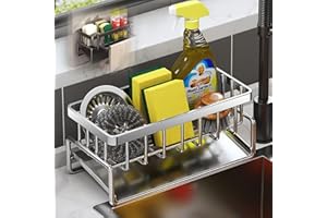 JJIW Sink Caddy, Kitchen Sink Organiser with Hook (Punch-Free Installation), Kitchen Accessories - Stainless Steel Dishcloth Sponge Holder for Kitchen Storage & Organisation(Silver)