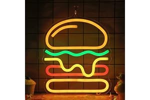 Attivolife Hamburger Neon Sign for Wall Decor, Light up Delicious Food Lamp with Dim USB Powered, Unique Business Fast Food Shop Restaurant Decoration, Christmas Day Birthday Party