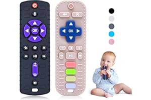 Orzbow 2 Pcs Telecomando Giocattolo per Neonati, Massaggia Gengive Neonati con Clip Ciuccio e Pulsanti Premibili, Giochi Dentizione Neonato di Silicone Qualità Alimentare per 0-12 Mesi, Nero & Rosa