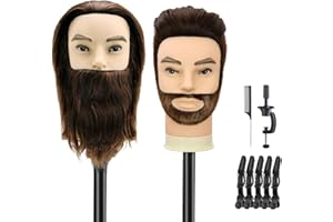 TwoWin 12 Zoll (30.5 cm) Mann Frisierkopf 100% Echthaar mit Bart, Frisurenkopf Männlicher Haarschnitt, Übungskopf Friseur Mit Haaren, Mannequin Head Puppenkopf mit Tischklemme (Braun)
