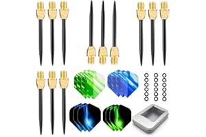 Yishamei Lot de 12 flèches de fléchettes en acier 2BA en métal + 20 anneaux en caoutchouc + 12 ailettes de fléchettes dans une boîte en aluminium, pointes de fléchettes en acier inoxydable, pointes en métal et acier pour fléchettes