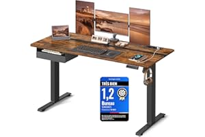 VASAGLE Bureau Électrique Réglable en Hauteur, Bureau Assis-Debout, Multiprise, Tiroir, 70 x 160 cm, Réglable en Continu, Fonction Mémoire de 4 Hauteurs, Marron Rustique et Noir d'encre LSD116X01
