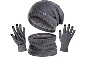 KIRAAT Wintermütze, Schal und Touchscreen-Handschuhe Set für Herren und Damen,Slouchy Strick-Skikhut und Nackenwärmer mit Fleece-Futter für Unisex