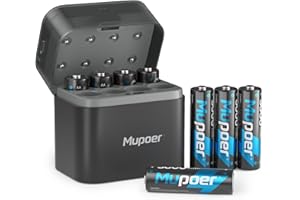 MUPOER Rechargeable Battery AA with Hybrid Charger,3000mWh Lithium AA Batteries 8 Count 1.5V,Aa Battery Charger for NiMH & Lithium Batteries,Integrated Charging Storage Box Gray,8 Slot,Fast Charging