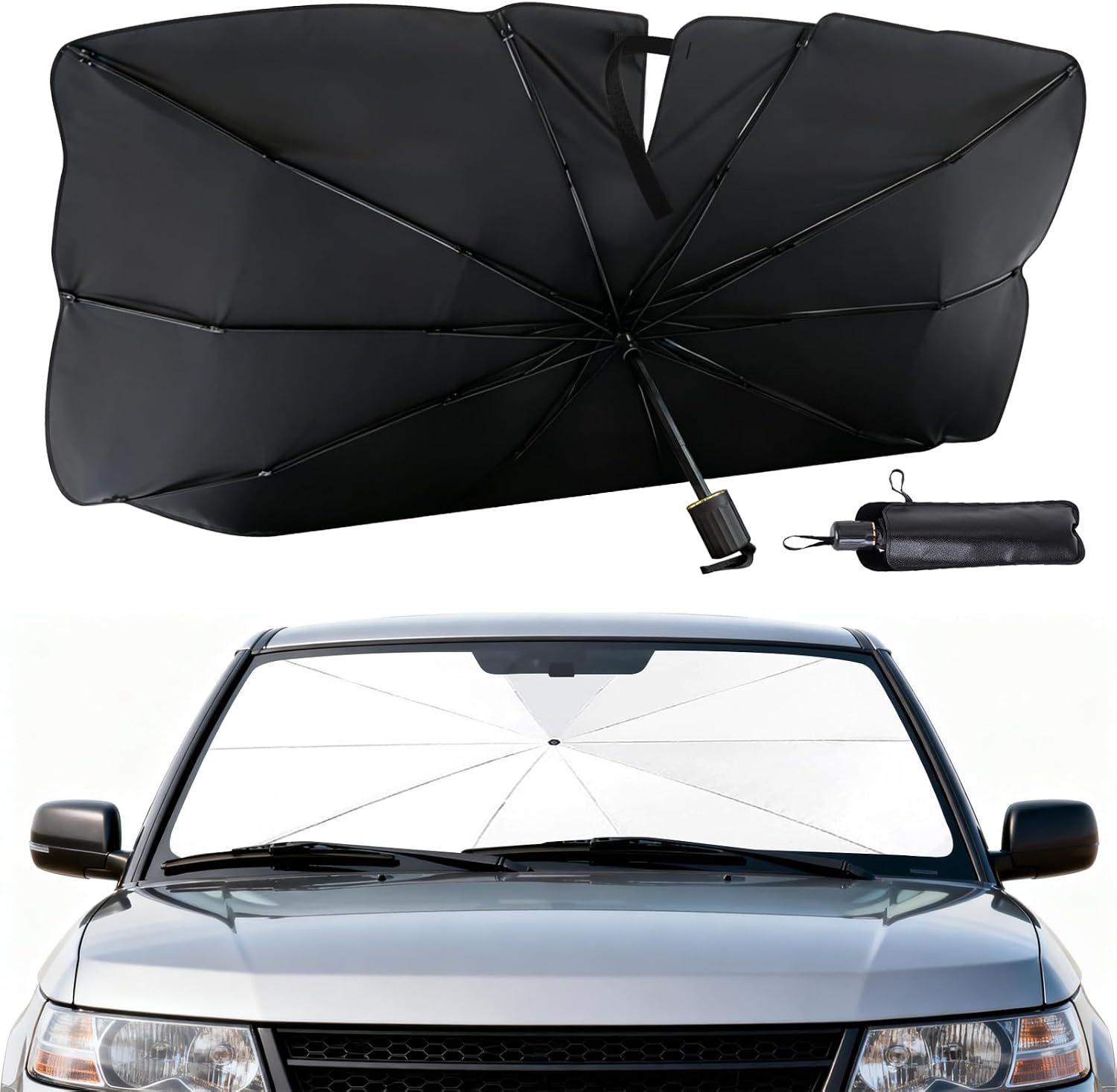 BIRDDIE Parasol para parabrisas de coche, ajuste manual estable multiángulo, protección UV y contra el calor con funda de cuero, parasol de coche para sedanes, SUV, MPV