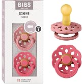 BIBS Boheme Pacifier, 0-6 Months, 2-Pack, Dusty Pink/Coral | Round Teat | Natural Rubber Latex | Size 1 | BPA Free | Made in
