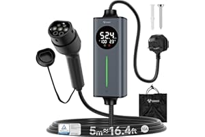 GONEO Portable EV Charger 5M, 3-Pin UK Plug to Type 2 | Temperature Monitor,AC 30mA+DC 6mA Leakage & Earth Protection | 10A 2.3kW Electric Car Charging Cable for Home/Travel,Adjustable Current & Timer