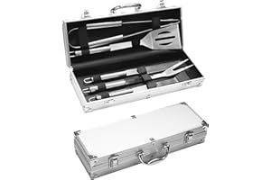 LROCOTANC Set Barbecue Professionnel en Acier Inoxydable 5 pièces - Accessoires Barbecue Ustensiles Barbecue Cadeau pour Homme 37x12x7 cm Mallette en Aluminium idéal pour grillades et Cuisine