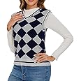 Women's Argyle Vest Casual V Neck Sleeveless Knit Vest Loose Preppy Style Plaid Crop Sweater Tank