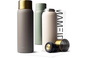 MAMEIDO Thermoskanne mit Becher 1 l aus Edelstahl, Isolierkanne bis zu 12h heiß, auslaufsichere Thermosflaschen BPA frei, Kaffee & Tee unterwegs (Taupe Grey Gold)