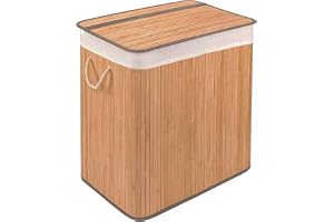 hjh LIVING Tvättkorg 2 fack FALSTER XL B, 100 l tvättkorg med lock, bambulåda med handtag, praktisk vikfunktion