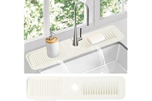 DOLIC Alfombrilla para Grifo de Fregadero de Cocina, Protector contra Salpicaduras de Silicona con Secado rápido y Soporte para Esponja y jabón para Platos (Blanco, 24"x 5.5")