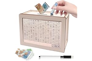 BYTLXM Tirelire en Bois, Tirelire Réutilisable avec Stylo Effaçable, Tirelire avec Objectif D'épargne et Chiffres à Cocher, Boîte Rangement Tirelire Rétro pour Aider Les Enfants à Commencer à Economiser