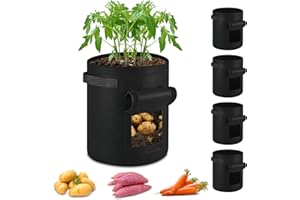 ECCOGREAT 5 X 27L Pflanzsack aus Vlies Stof,260g/m²Tomaten Kübel Pflanzkübel mit Fenster und Starken Griffen für Kartoffeln,Tomaten,Erdbeeren,Blumen,Pflanzen und Grow Vegetables Potato Carrot-Black