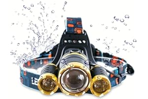 FAY BLESS Linterna frontal resistente al agua de 10000 lúmenes, 3 LED, XML T6, potente faro LED, linterna recargable para camping, senderismo, al aire libre (dorado)