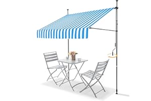 BelleMax Klemmmarkise Markise Balkon ohne Bohren, 2023 Upgrade Balkonmarkise mit Handkurbel, 200 cm x 125 cm Blaue Weiße Streifen, Sonnenschutz terrassenüberdachung, Wasserdicht und höhenverstellbar