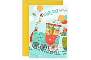 CENTRAL 23 Kartka urodzinowa dla chłopców - kartka urodzinowa dla dziewczynek w wieku pięciu lat - kartka z okazji piątych urodzin dla dzieci - zwierzęta pociągi żyrafa krokodyl - kartka z kamieniem milowym 5 lat - w zestawie z naklejkami