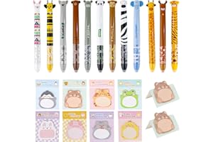 TYFYH 20 Stück Radierbare Stifte Set inkl. 12 Tier-Design Radierbare Kugelschreiber 0.5 mm (Tinte blau/rot) + 8 Haftnotizen – Tiere Erasable Pen für Schule, Kinder, Studenten & Büro